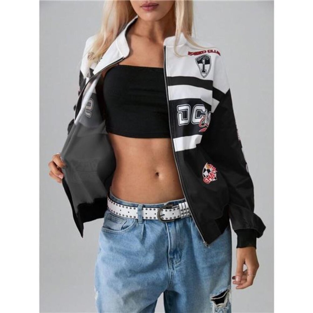 Letter Zip Up Dropped Shoulder Jacket - Picture 5 of 6